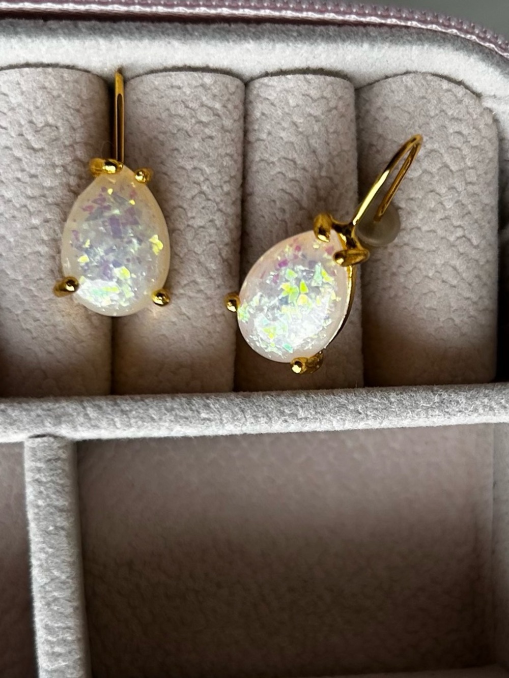 Gold tone Teardrop faux Opal Dangle Earrings - White Iridescent